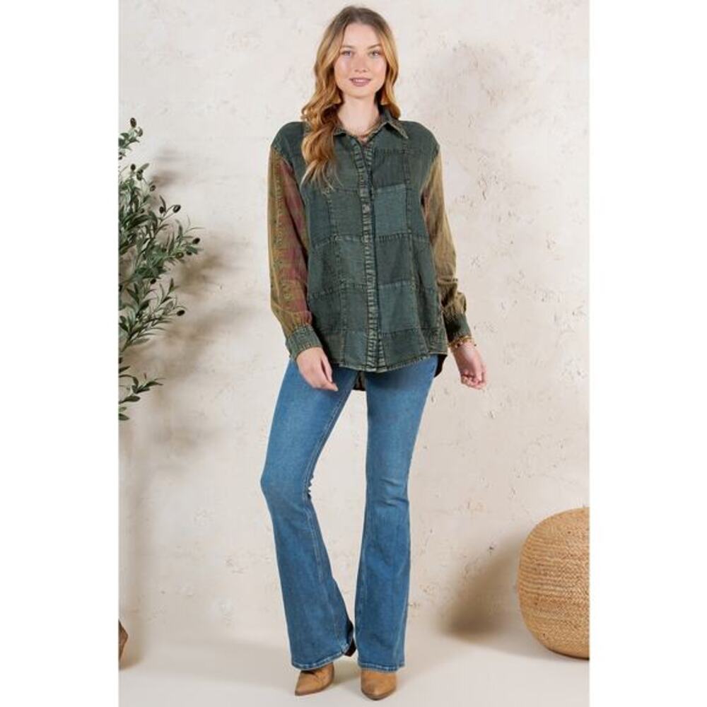 Young Threads Size Large Gravel Patchwork Denim Buttondown Shirt